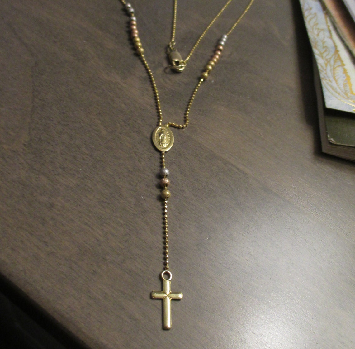 14K ROSARY Cross Necklace Diamond Cut Necklace Gold Rosary Etsy