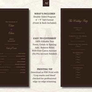 Puede incluir: Una plantilla de programa de boda de doble cara en color marr&oacute;n oscuro que mide 10,16 por 22,86 cm. El frente presenta el texto The Ceremony of Claire & Olivia, Order of Events y marcadores de posici&oacute;n. El reverso lista The Wedding Party.