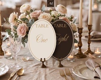 Ovale Tischnummern (1–30), Tischnummern in Espresso und Creme, minimalistische Tischkarten im Vintage-Stil zum Ausdrucken, Canva-Vorlage