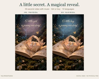 Può includere: Un video digitale che mostra un libro aperto con un cestino pop-up contenente scarpine da neonato. Il testo recita A little secret. A magical reveal. A little girl is joining our story. e A little boy is joining our story. con illuminazione rosa e blu.