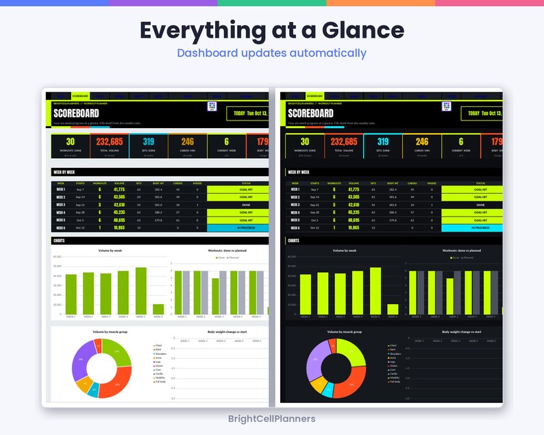 May include: A digital fitness dashboard titled Everything at a Glance and Scoreboard, featuring data tables, bar charts, and a donut chart. The interface displays workout metrics, weekly progress, and body weight changes in both light and dark modes.
