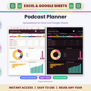 Planificador de podcasts en Excel y Google Sheets: seguimiento de invitados y calendario de contenido. imagen 1