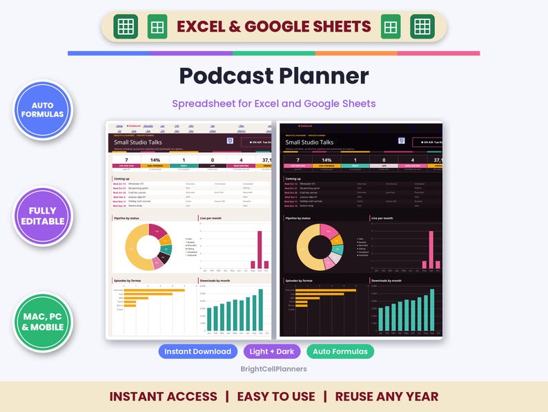 Planificador de podcasts en Excel y Google Sheets: seguimiento de invitados y calendario de contenido. imagen 1