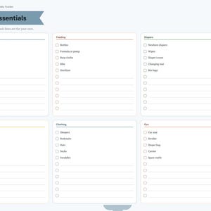 May include: A digital newborn baby tracker planner page titled Newborn Essentials. It features six categorized checklists for sleep, feeding, diapers, health, clothing, and out, with checkboxes and blank lines. A side navigation tab menu is visible.