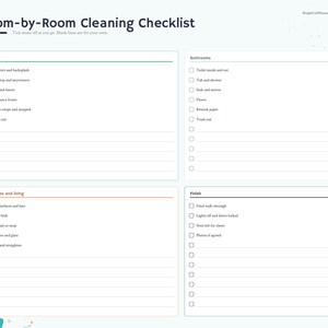 May include: A Room-by-Room Cleaning Checklist planner page with a sidebar of monthly tabs. The document features four sections: Kitchen, Bathrooms, Bedrooms and living, and Finish, each with checkboxes and blank lines for custom tasks.
