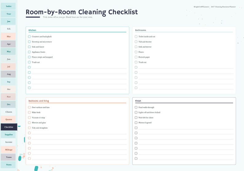 May include: A Room-by-Room Cleaning Checklist planner page with a sidebar of monthly tabs. The document features four sections: Kitchen, Bathrooms, Bedrooms and living, and Finish, each with checkboxes and blank lines for custom tasks.