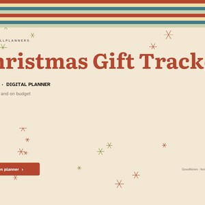 Puede incluir: Una p&aacute;gina de planificador digital Christmas Gift Tracker con fondo crema, texto rojo y peque&ntilde;os acentos de estrellas. El encabezado dice BRIGHTCELLPLANNERS y Christmas Gift Tracker, seguido de UNDATED DIGITAL PLANNER y Merry, calm and on budget.