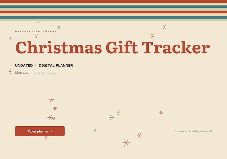 Puede incluir: Una p&aacute;gina de planificador digital Christmas Gift Tracker con fondo crema, texto rojo y peque&ntilde;os acentos de estrellas. El encabezado dice BRIGHTCELLPLANNERS y Christmas Gift Tracker, seguido de UNDATED DIGITAL PLANNER y Merry, calm and on budget.