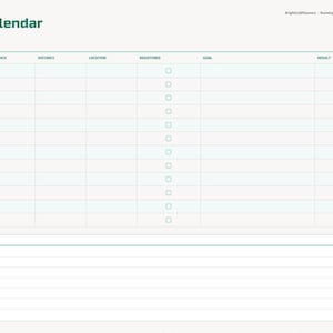 May include: A digital race calendar planner page with a table featuring columns for date, race, distance, location, registered, goal, and result. The right side displays vertical tabs labeled Index, Goals, Plan, Run Log, Races, Shoes, PRs, Race Day, and Notes.