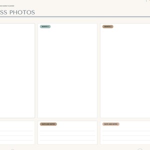 May include: A digital planner page titled PROGRESS PHOTOS with three vertical rectangular frames labeled START, MONTH 1, and MONTH 2. Each frame includes a section for DATE AND NOTES with three horizontal lines. A sidebar lists navigation tabs.