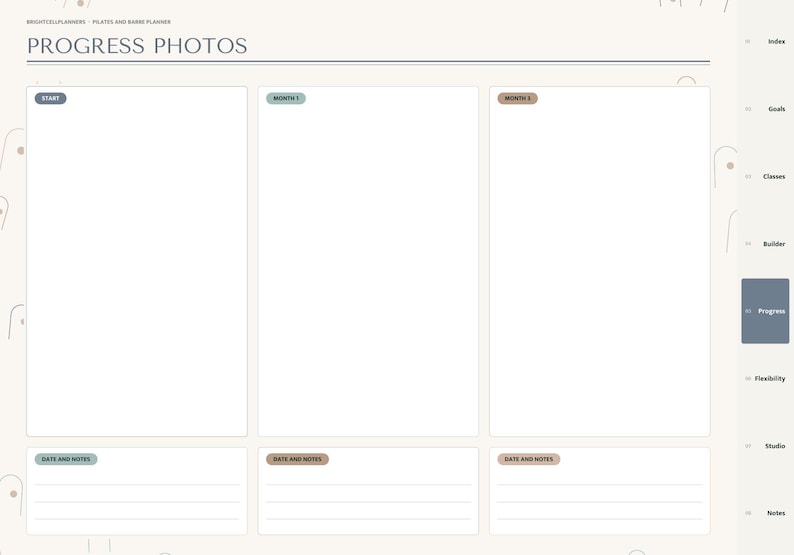May include: A digital planner page titled PROGRESS PHOTOS with three vertical rectangular frames labeled START, MONTH 1, and MONTH 2. Each frame includes a section for DATE AND NOTES with three horizontal lines. A sidebar lists navigation tabs.