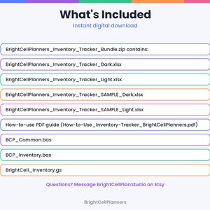 May include: A digital file list titled What's Included featuring BrightCellPlanners_Inventory_Tracker_Bundle.zip, BrightCellPlanners_Inventory_Tracker_Dark.xlsx, BrightCellPlanners_Inventory_Tracker_Light.xlsx, sample files, a PDF guide, and script files.