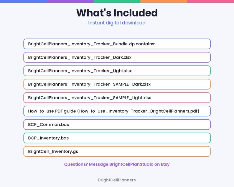 May include: A digital file list titled What's Included featuring BrightCellPlanners_Inventory_Tracker_Bundle.zip, BrightCellPlanners_Inventory_Tracker_Dark.xlsx, BrightCellPlanners_Inventory_Tracker_Light.xlsx, sample files, a PDF guide, and script files.