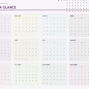 Puede incluir: Una p&aacute;gina de planificador digital 2027 titulada 2027 AT A GLANCE, con doce cuadr&iacute;culas de calendario mensual dispuestas en un dise&ntilde;o de cuatro por tres. Una barra de navegaci&oacute;n vertical a la derecha enumera meses y secciones como Index, Year, Setup, Habit, Goal.