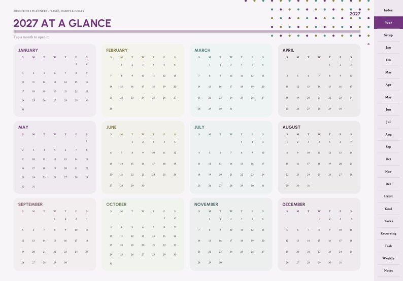 Puede incluir: Una p&aacute;gina de planificador digital 2027 titulada 2027 AT A GLANCE, con doce cuadr&iacute;culas de calendario mensual dispuestas en un dise&ntilde;o de cuatro por tres. Una barra de navegaci&oacute;n vertical a la derecha enumera meses y secciones como Index, Year, Setup, Habit, Goal.