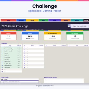 May include: A digital 2026 Game Challenge gaming tracker interface in light mode. The dashboard displays progress metrics, including 11 finished games, 46% completion, and a list of 24 slots with game titles like Hollow Knight and Hades II.