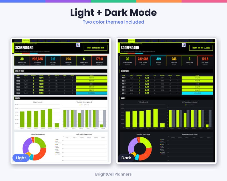 May include: A digital fitness dashboard display featuring Light and Dark mode themes. The interface includes a scoreboard with metrics, a week-by-week progress table, bar charts for volume, and a donut chart for muscle group distribution.