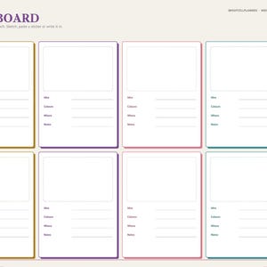 May include: A digital planner page titled MOODBOARD featuring eight rectangular frames for sketches or stickers. Each frame includes lines for Idea, Colours, Where, and Notes. The layout has a side tab labeled Moodboard and top text reading BRIGHTCELLPLANNERS - WEDDING BUDGET.