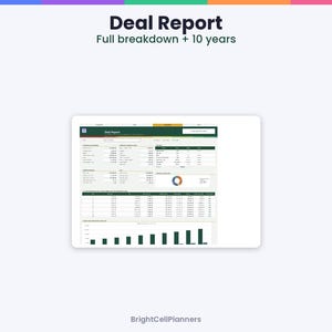 May include: A digital Deal Report spreadsheet template titled Deal Report Full breakdown + 10 years. The interface displays financial data tables, a circular pie chart, and a bar graph, all organised with a dark green header and white background.