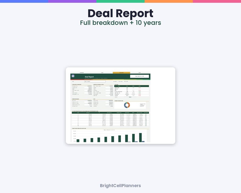 May include: A digital Deal Report spreadsheet template titled Deal Report Full breakdown + 10 years. The interface displays financial data tables, a circular pie chart, and a bar graph, all organised with a dark green header and white background.