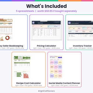 May include: A digital product overview featuring five spreadsheets: Etsy Seller Bookkeeping, Pricing Calculator, Inventory Tracker, Recipe Cost Calculator, and Social Media Content Planner. Each section displays a preview of the spreadsheet interface.