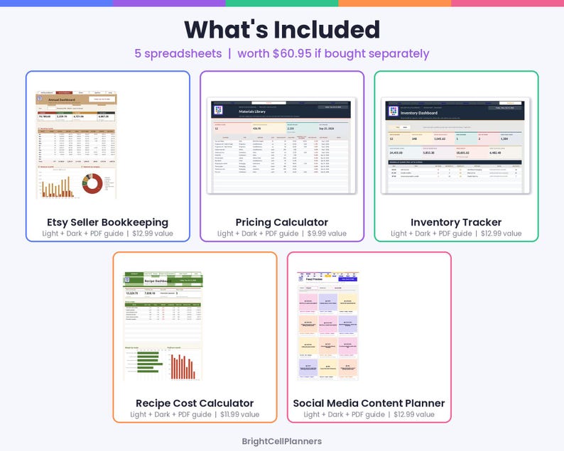 May include: A digital product overview featuring five spreadsheets: Etsy Seller Bookkeeping, Pricing Calculator, Inventory Tracker, Recipe Cost Calculator, and Social Media Content Planner. Each section displays a preview of the spreadsheet interface.