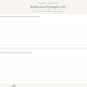 May include: A digital planner page titled Reflection Prompts (1/6) with a sidebar menu. It features two numbered sections with lined writing spaces. The first prompt asks about pride in raising kids, and the second asks about what is missed.