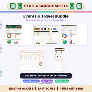 May include: An Events and Travel bundle featuring five digital spreadsheets for Excel and Google Sheets. The display includes various data tables, pie charts, and bar graphs, with text labels such as Auto Formulas and Fully Editable.