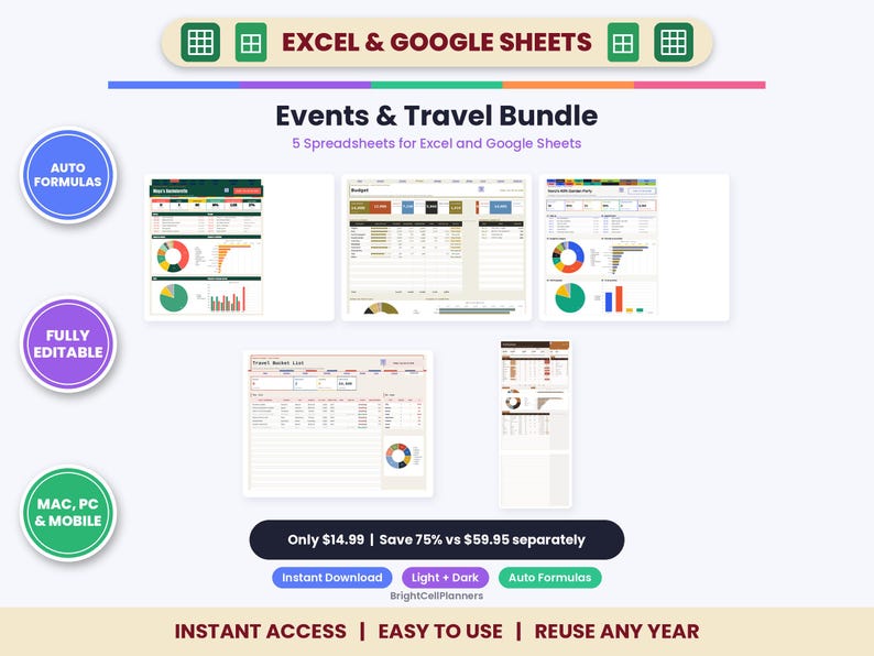 May include: An Events and Travel bundle featuring five digital spreadsheets for Excel and Google Sheets. The display includes various data tables, pie charts, and bar graphs, with text labels such as Auto Formulas and Fully Editable.