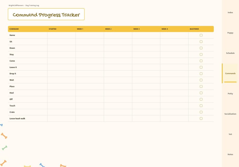 May include: A digital dog training log page titled Command Progress Tracker with a yellow header row listing columns for Started, Week 1, Week 2, Week 3, Week 4, and Mastered. The table includes rows for commands like Sit, Stay, and Come.