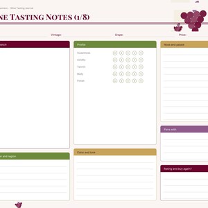 May include: A wine tasting journal page titled Wine Tasting Notes (1/8) with sections for wine, vintage, grape, and price. It includes fields for a label sketch, profile ratings, nose and palate, producer, region, color, pairings, and rating.