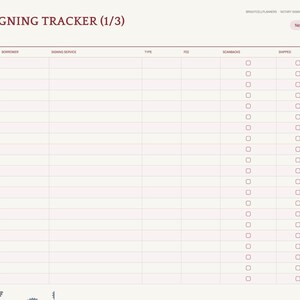 May include: A digital loan signing tracker page with a maroon header reading LOAN SIGNING TRACKER (1/3). The table includes columns for date, borrower, signing service, type, fee, scanbacks, and shipped, with checkboxes for tracking.
