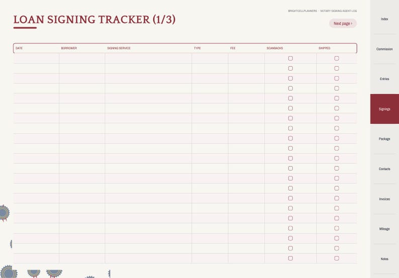 May include: A digital loan signing tracker page with a maroon header reading LOAN SIGNING TRACKER (1/3). The table includes columns for date, borrower, signing service, type, fee, scanbacks, and shipped, with checkboxes for tracking.