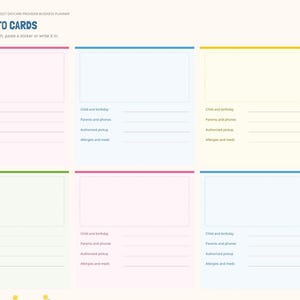May include: A 2027 daycare provider business planner page titled Child Info Cards. It features six rectangular sections with colored borders for child details, including lines for name, birthday, parents, phones, pickup, and allergies.