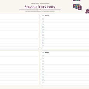 May include: A digital sermon series index page with four rectangular sections for notes, each featuring a checklist. The header reads Sermon Series Index. A sidebar on the right lists navigation tabs including Index, Series, Sermon, Scripture, Apply, Group, and Notes.