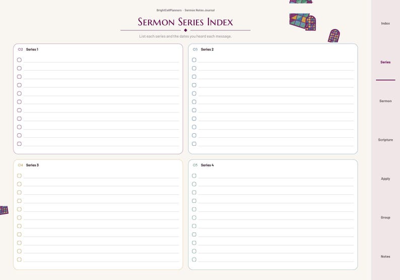 May include: A digital sermon series index page with four rectangular sections for notes, each featuring a checklist. The header reads Sermon Series Index. A sidebar on the right lists navigation tabs including Index, Series, Sermon, Scripture, Apply, Group, and Notes.
