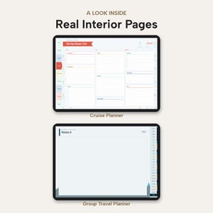 May include: Two digital tablets displaying planner layouts. The top screen shows a Port Day Planner with sections for schedule, notes, and checklists. The bottom screen shows a Notes 3 page with a side navigation bar and a clean white background.