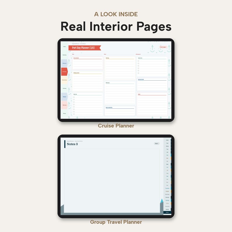 May include: Two digital tablets displaying planner layouts. The top screen shows a Port Day Planner with sections for schedule, notes, and checklists. The bottom screen shows a Notes 3 page with a side navigation bar and a clean white background.