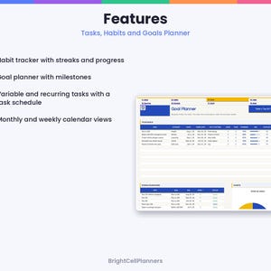 May include: A digital planner interface titled Features Tasks, Habits and Goals Planner. It lists four features with colored checkmarks and displays a detailed Goal Planner dashboard with tables for goals, milestones, and a pie chart.