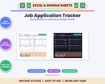 Hoja de cálculo para el seguimiento de solicitudes de empleo en Excel y Google Sheets: organizador de búsqueda de empleo, seguimiento de entrevistas y seguimiento.
