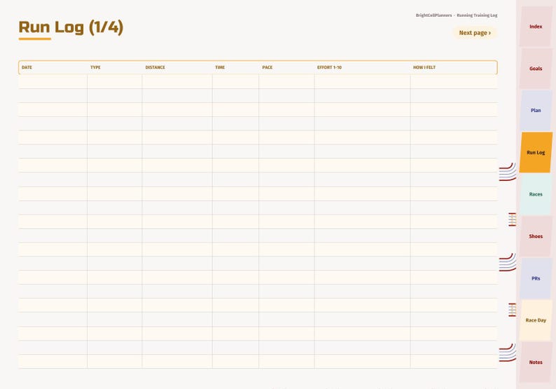 May include: A digital running training log planner page with a table titled Run Log (1/4). The table includes columns for Date, Type, Distance, Time, Pace, Effort 1-10, and How I Felt. A sidebar features tabs for Index, Goals, Plan, Run Log, Races, Shoes, PRs, Race Day, and Notes.