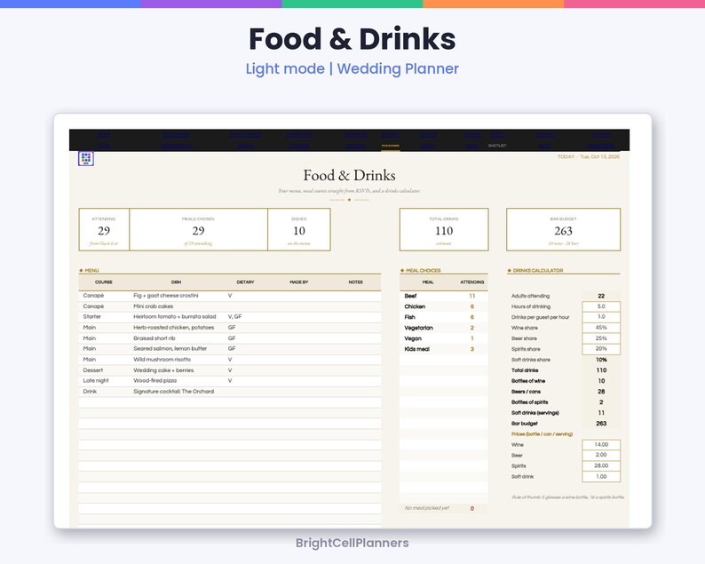May include: A digital wedding planner template titled Food & Drinks in light mode. The interface displays tables for menu items, meal choices, and a drinks calculator with numerical data for 29 guests, 10 dishes, and a bar budget of 263.