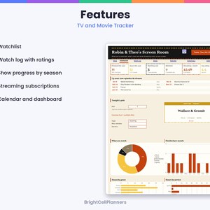May include: A digital TV and movie tracker dashboard titled Robin & Theo's Screen Room. The interface includes a watchlist, watch log with ratings, show progress by season, streaming subscriptions, and a calendar. It features charts, graphs, and data fields for tracking viewing habits and media consumption.