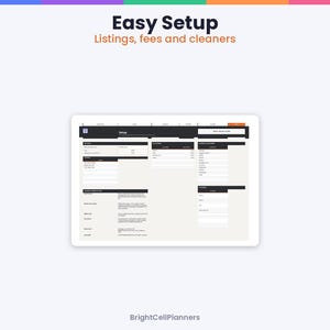 Puede incluir: Una interfaz de hoja de c&aacute;lculo digital titulada Easy Setup Listings, fees and cleaners. El dise&ntilde;o presenta encabezados negros con texto blanco, organizados en columnas para la entrada de datos, incluyendo secciones para detalles, tarifas y limpieza.