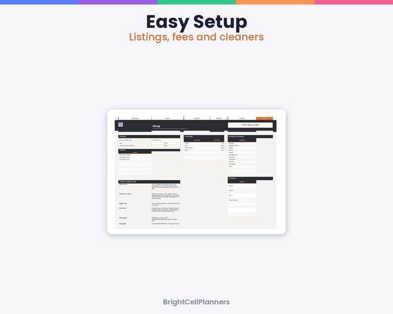 Puede incluir: Una interfaz de hoja de c&aacute;lculo digital titulada Easy Setup Listings, fees and cleaners. El dise&ntilde;o presenta encabezados negros con texto blanco, organizados en columnas para la entrada de datos, incluyendo secciones para detalles, tarifas y limpieza.