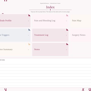 May include: A digital planner index page titled Index with sections for My Endo Profile, Pain and Bleeding Log, Pain Map, Flare Triggers, Treatment Log, Surgery Notes, Doctor Summary, and Notes, featuring a sidebar and a lined Quick notes area.