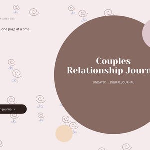 May include: A digital journal cover with a light pink background featuring small purple spiral flower icons. A large brown circle contains the white text Couples Relationship Journal, Undated, Digital Journal. Includes the text Brightcellplanners, Grow closer, one page at a time, and a dark brown button labeled Open journal.