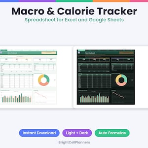 May include: A Macro & Calorie Tracker spreadsheet for Excel and Google Sheets featuring light and dark mode dashboards. The interface displays data tables, a donut chart, and bar graphs. Text includes "Macro & Calorie Tracker" and "BrightCellPlanners".