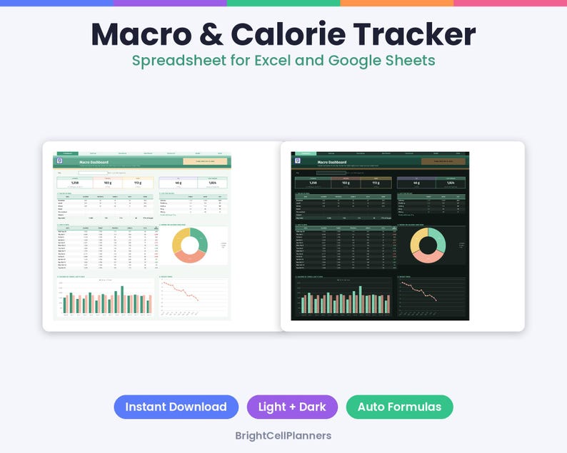 May include: A Macro & Calorie Tracker spreadsheet for Excel and Google Sheets featuring light and dark mode dashboards. The interface displays data tables, a donut chart, and bar graphs. Text includes "Macro & Calorie Tracker" and "BrightCellPlanners".