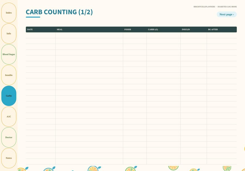 May include: A digital carb counting log book page with a cream background and teal accents. The header reads CARB COUNTING (1/2). A dark teal table includes columns for Date, Meal, Foods, Carbs (g), Insulin, and BG After. Navigation tabs are on the left.